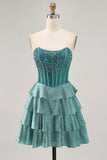 Sparkly Corset Peacock Green Strapless Tiered Short Prom Dress