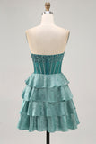 Sparkly Corset Peacock Green Strapless Tiered Short Prom Dress