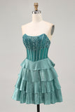 Sparkly Corset Peacock Green Strapless Tiered Short Prom Dress