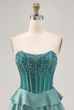 Sparkly Corset Peacock Green Strapless Tiered Short Prom Dress