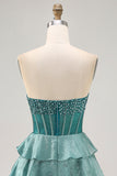 Sparkly Corset Peacock Green Strapless Tiered Short Prom Dress