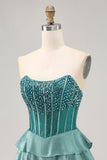 Sparkly Corset Peacock Green Strapless Tiered Short Prom Dress