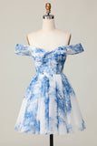 White Blue Flower A Line Off the Shoulder Short Cocktail Dress
