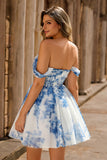 White Blue Flower Off the Shoulder A Line Short Cocktail Dress