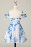 White Blue Flower A Line Off the Shoulder Short Cocktail Dress
