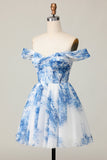 White Blue Flower A Line Off the Shoulder Short Cocktail Dress