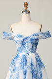 White Blue Flower A Line Off the Shoulder Short Cocktail Dress