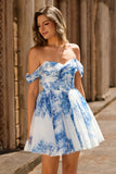 White Blue Flower Off the Shoulder A Line Short Cocktail Dress