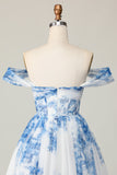 White Blue Flower A Line Off the Shoulder Short Cocktail Dress