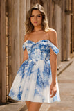White Blue Flower Off the Shoulder A Line Short Cocktail Dress