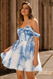 White Blue Flower Off the Shoulder A Line Short Cocktail Dress