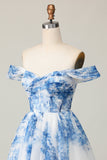 White Blue Flower A Line Off the Shoulder Short Cocktail Dress