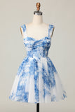 White Blue Flower A Line Off the Shoulder Short Cocktail Dress