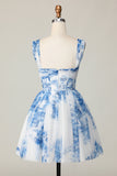 White Blue Flower A Line Off the Shoulder Short Cocktail Dress
