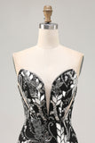 Sparkly Black Strapless Tight Short Mirror Prom Dress with Beading