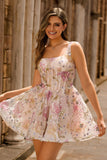 Sparkly Pink Corset A Line Floral Short Cocktail Dress with Sequins