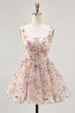 Sparkly Pink Floral Corset Sequins Short Prom Dress with Beading
