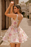 Sparkly Pink Corset A Line Floral Short Cocktail Dress with Sequins