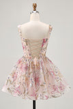 Sparkly Pink Floral Corset Sequins Short Prom Dress with Beading