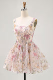Sparkly Pink Floral Corset Sequins Short Prom Dress with Beading