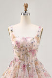Sparkly Pink Floral Corset Sequins Short Prom Dress with Beading