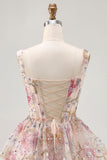 Sparkly Pink Floral Corset Sequins Short Prom Dress with Beading