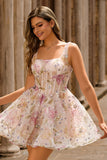 Sparkly Pink Corset A Line Floral Short Cocktail Dress with Sequins