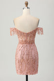 Sparkly Dusty Rose Corset Tight Beaded Short Prom Dress