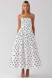 Black and White Satin Empire Strapless Boho Maxi Polka Dot Dress