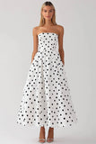 Black and White Satin Empire Strapless Boho Maxi Polka Dot Dress