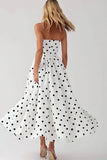 Black and White Satin Empire Strapless Boho Maxi Polka Dot Dress