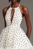 White and Black A Line Tiered Tulle Midi Polka Dot Dress with Ruffles