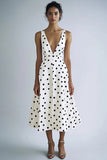 Satin Black and White A Line Deep V-Neck Boho Maxi Polka Dot Dress