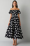 Boho Satin A Line Off the Shoulder Black and White Maxi Polka Dot Dress