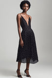 Boho Black and White Chiffon A Line Deep V-Neck Maxi Polka Dot Dress