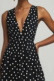 Chiffon Deep V-Neck Black and White A Line Boho Maxi Polka Dot Dress