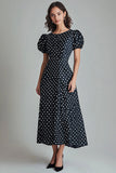 Boho Satin Black and White Puff Sleeves A Line Maxi Polka Dot Dress