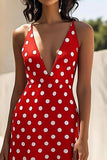 Red and White A Line Satin Deep V-Neck Boho Maxi Polka Dot Dress