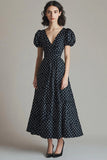 Puff Sleeves V-Neck Black and White Boho Satin Maxi Polka Dot Dress