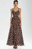Coffee and White Boho Spaghetti Straps A Line Maxi Chiffon Polka Dot Dress