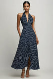 Navy and White Halter Chiffon A Line Boho Maxi Polka Dot Dress with Slit
