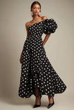 One Shoulder Black and White Puff Sleeves Satin Boho Maxi Polka Dot Dress