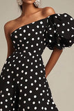 One Shoulder Black and White Puff Sleeves Satin Boho Maxi Polka Dot Dress