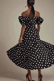 Boho Black and White Puff Sleeves Satin Maxi Polka Dot Dress with Slit