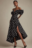 Boho Black and White Puff Sleeves Satin Maxi Polka Dot Dress with Slit