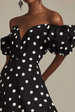 Boho Black and White Puff Sleeves Satin Maxi Polka Dot Dress with Slit