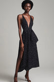 A Line Boho Black and White Maxi Chiffon Polka Dot Dress with Slit