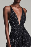 A Line Boho Black and White Maxi Chiffon Polka Dot Dress with Slit