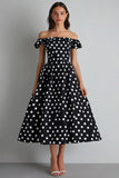 Off the Shoulder Black and White A Line Maxi Satin Polka Dot Dress