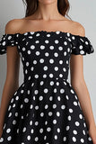 Off the Shoulder Black and White A Line Maxi Satin Polka Dot Dress